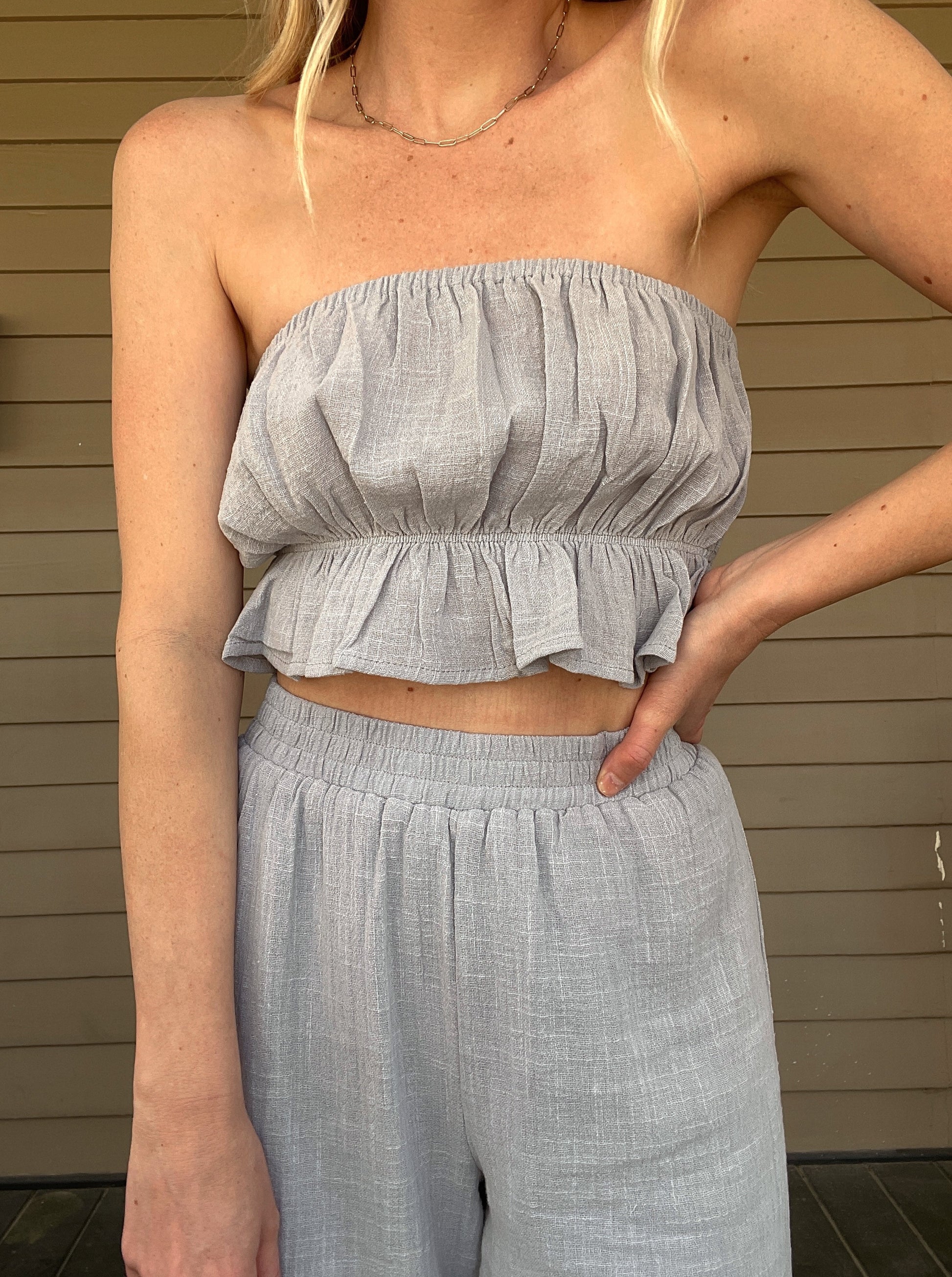 Cali Linen Set - Cloud Blue  Matching Top and Bottom Set Elastic Waist  Strapless Top 100% Cotton Color: Cloud Blue