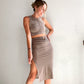 Cropped Ruched Solid Top With Midi Skirt