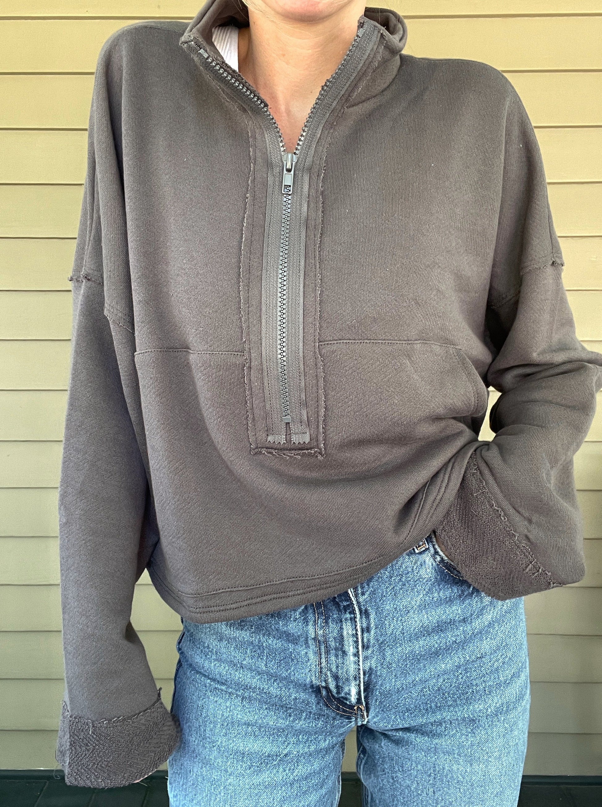 French Terry Cropped Zip Up Collared Top with Raw Edges