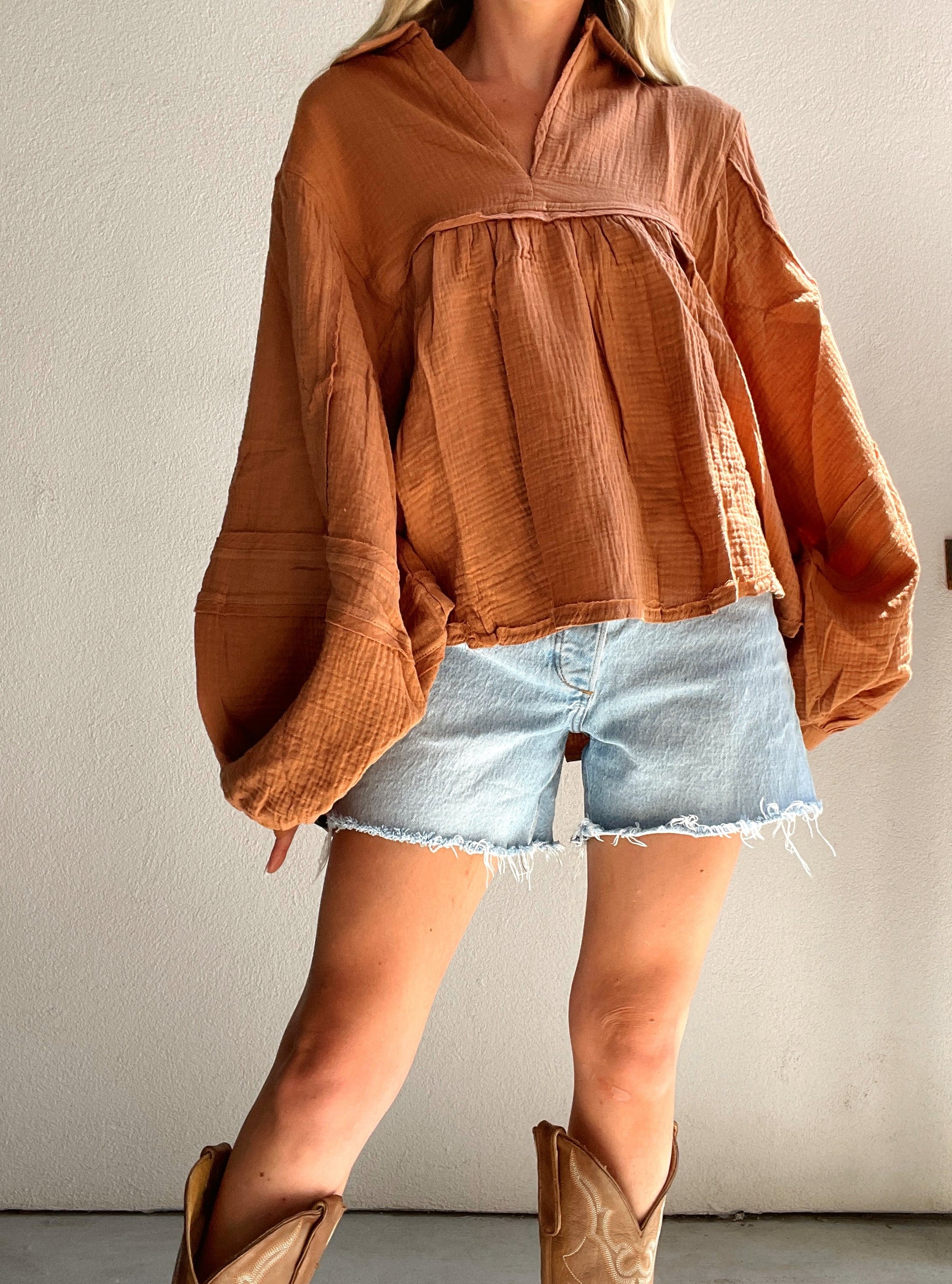 Puff Sleeve Collared Flowy Babydoll Top