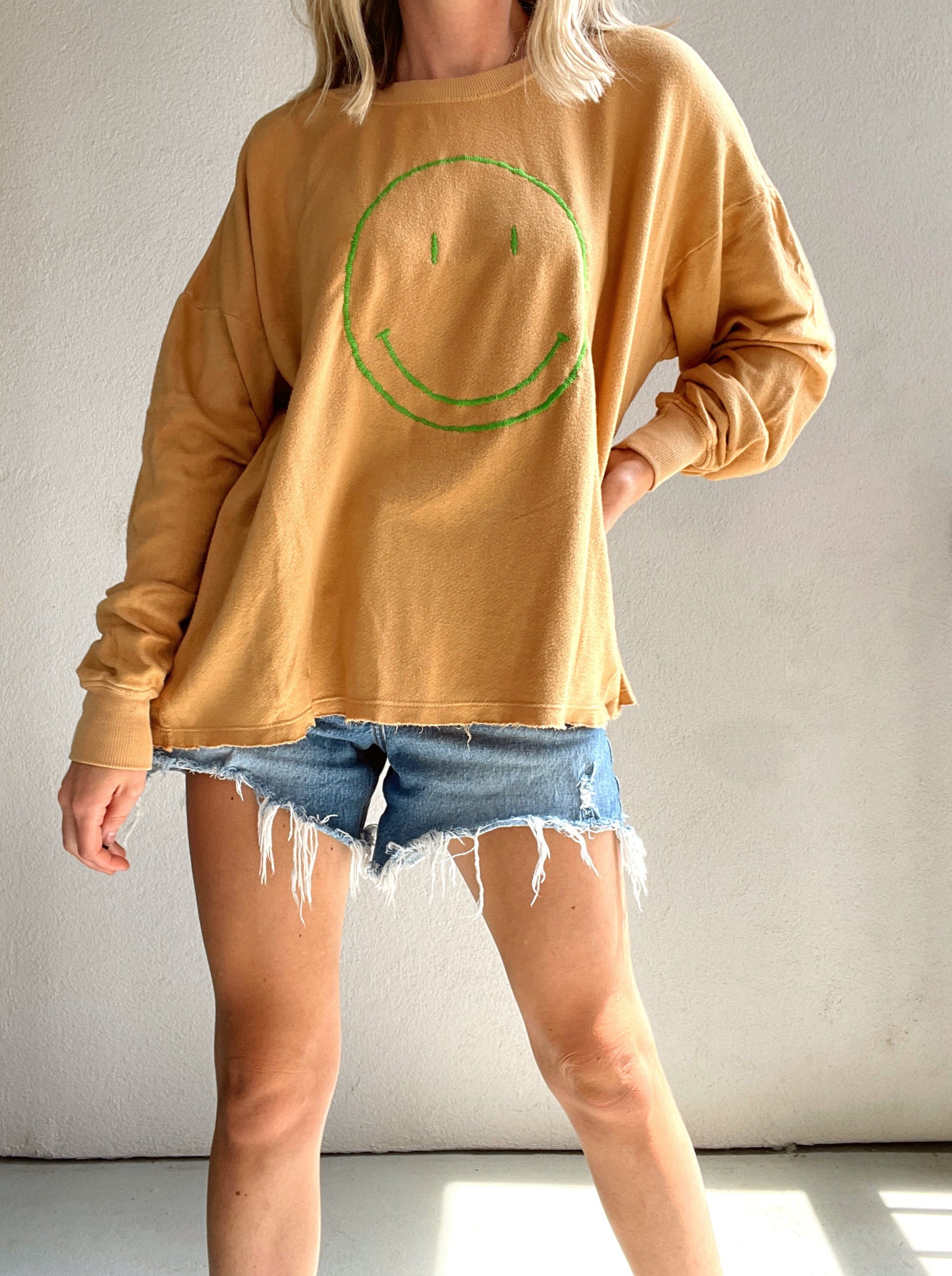 Knit Cotton Rayon Smiley Face Round Neck Long Sleeve Pullover Top