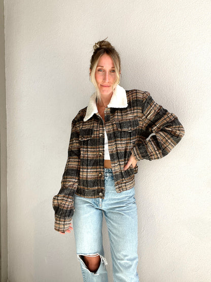Plaid Pattern Fleece Collar Button Down Jacket
