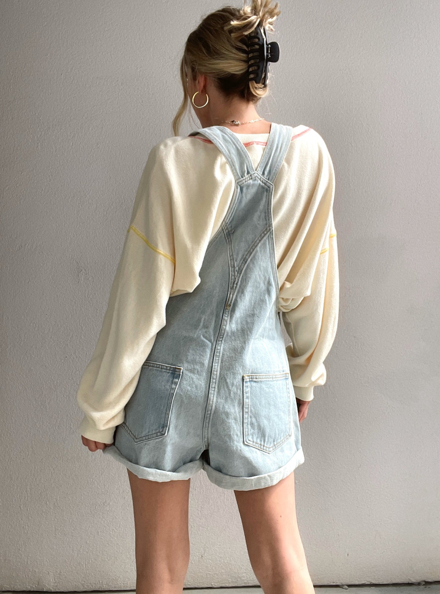 Oversized woven denim overall shorts with cuffs